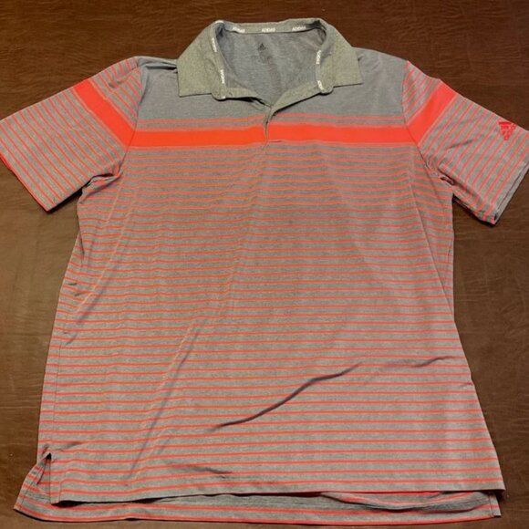 Adidas Golf Mens Polo Collared Shirt Sport Breathable Neon Orange Grey Striped - Picture 1 of 4